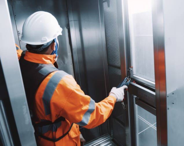 Detalhe de componentes internos durante inspeção de elevador